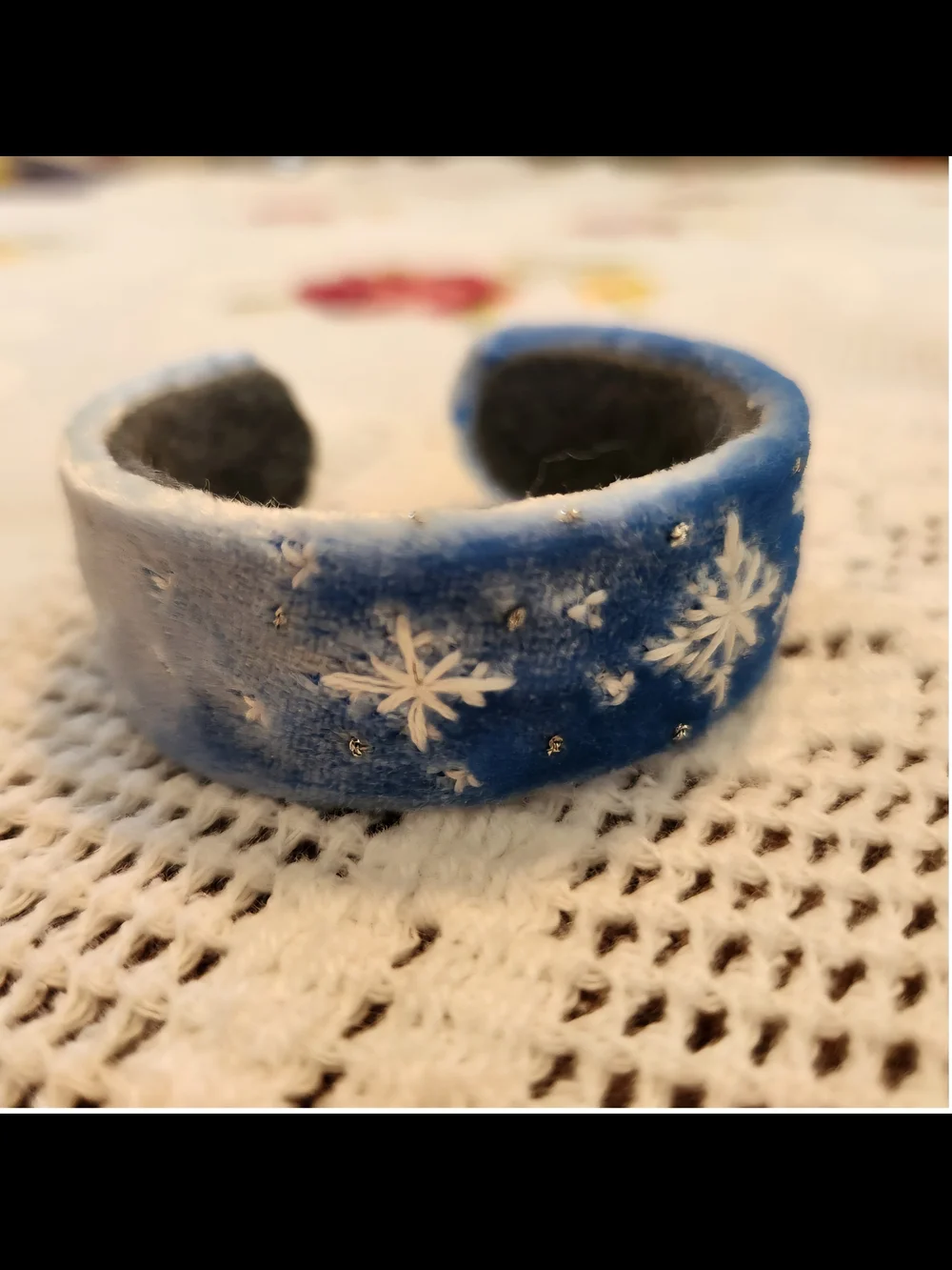 Velvet Blue Snowflake Cuff Bracelet Hand Embroidered